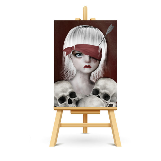 Artist trading card featuring "Lucky", a girl who signifies the transient nature of life with a bloodied blindfold and an eye pierced with an arrow. Surrounded by human skulls,