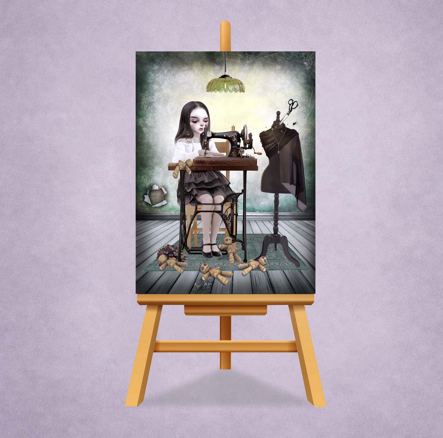 Girl Sewing Voodoo Dolls ACEO art card featuring spooky gothic imagery, creepy cute lowbrow style and whimsical miniature fantasy artwork on display stand