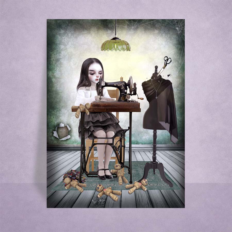 Girl Sewing Voodoo Dolls ACEO art card featuring spooky gothic imagery, creepy cute lowbrow style and whimsical miniature fantasy art on lilac background