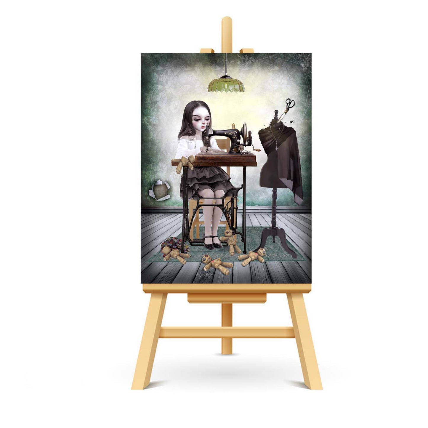 Gothic-inspired ACEO of a girl creating voodoo dolls on a sewing machine. 