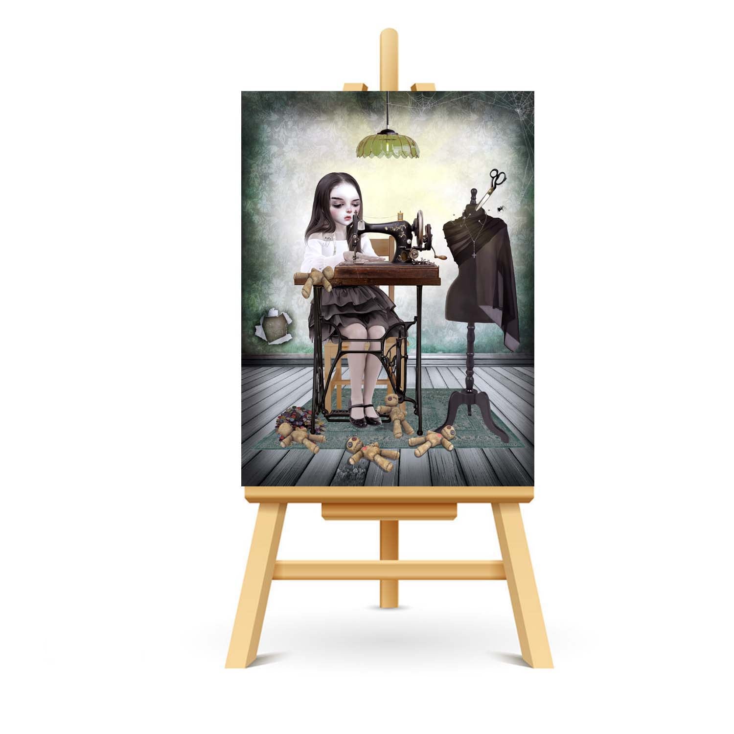 Gothic-inspired ACEO of a girl creating voodoo dolls on a sewing machine. 