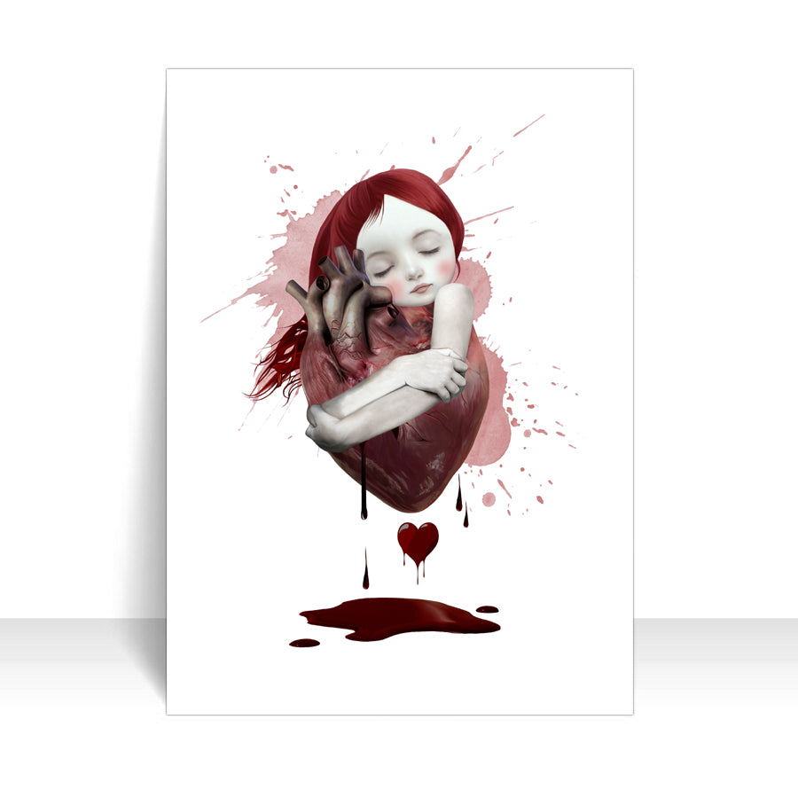 ACEO features a surrealistic miniature art of a girl tenderly embracing an anatomical heart.