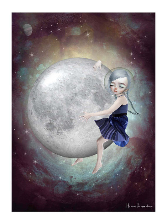 Whimsical art print, image is a girl hugging the moon.
