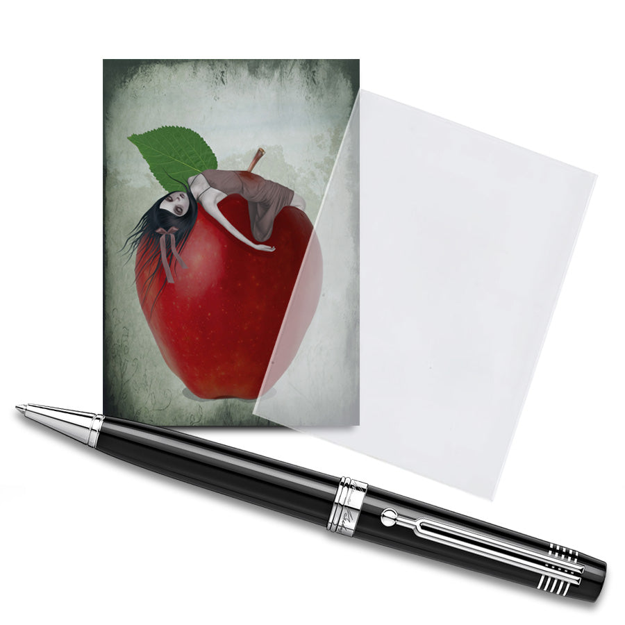 Dark Gothic ACEO Artist Trading Card. This miniature art print depicts a girl impaled on the stalk of an oversized red apple.