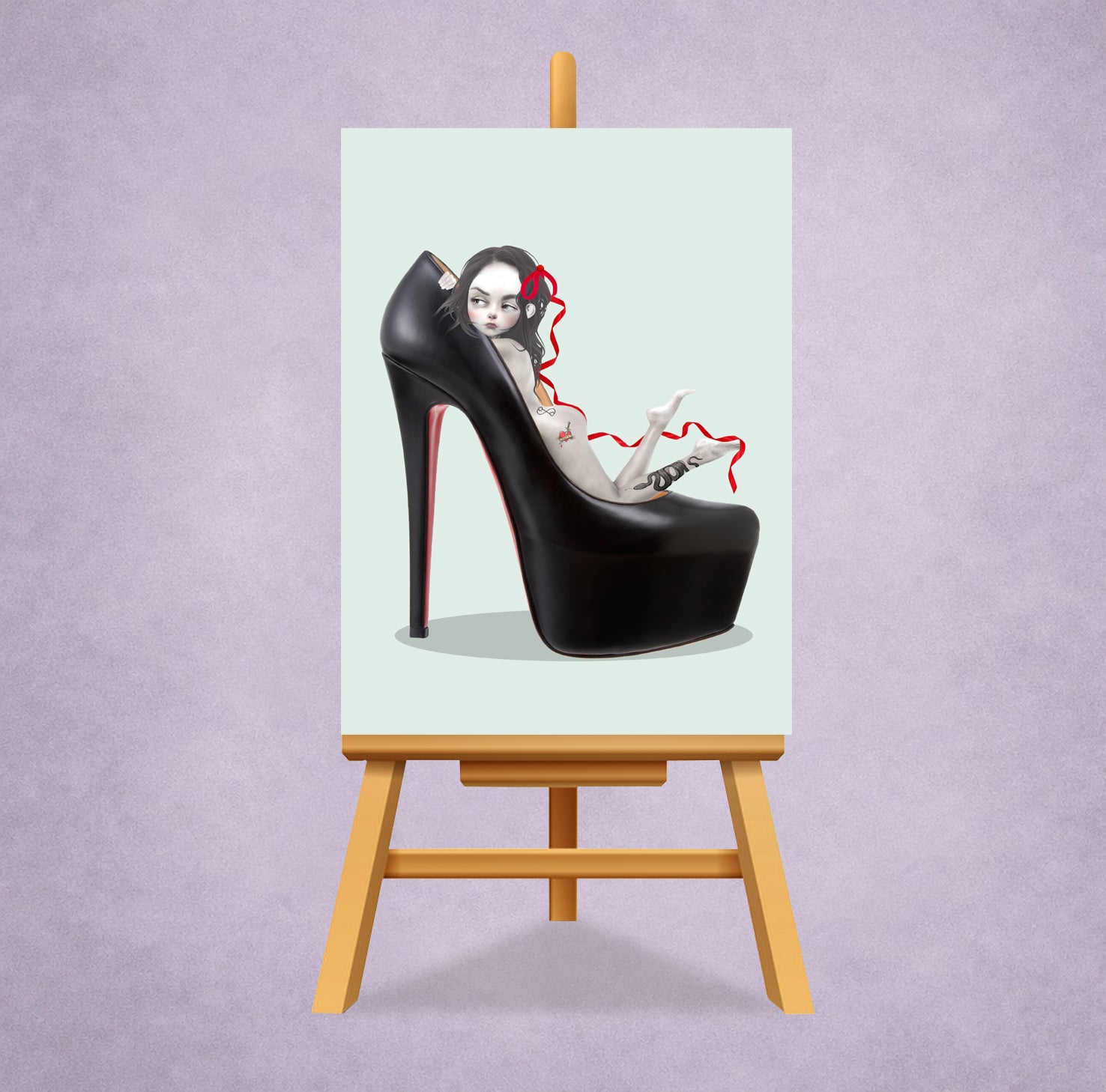 pop surrealism ACEO art card features a tattooed girl in a black stiletto high heel displayed on a miniature easel.