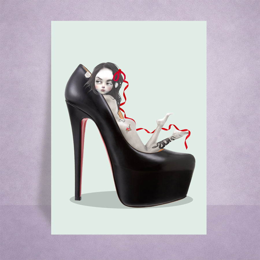 pop surrealism ACEO art card by HarrietsImagination. Features a tattooed girl in a black stiletto high heel displayed on a Lilac background.