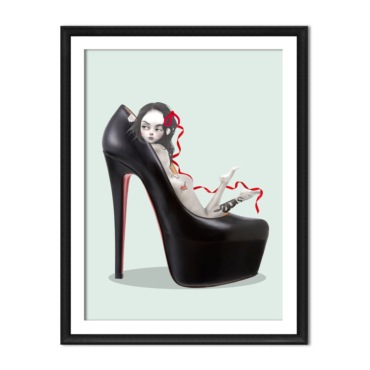 Framed artwork of a high-heeled shoe with a girl inside on a light green background.