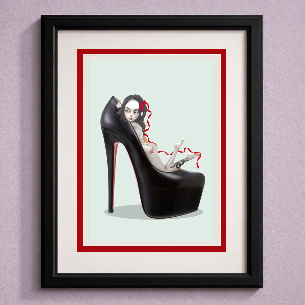 Framed art greeting card of a girl inside an oversized high-heeled shoe with a red sole on a light blue background.