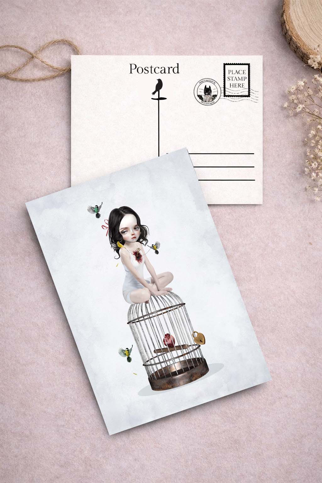 Postcard with an illustration of a girl sitting on top of a birdcage.