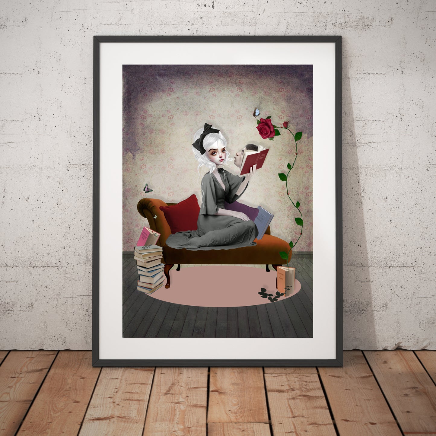 Girl reading books art print. The girl's surroundings come to life as she dives into each book - in frame displayed