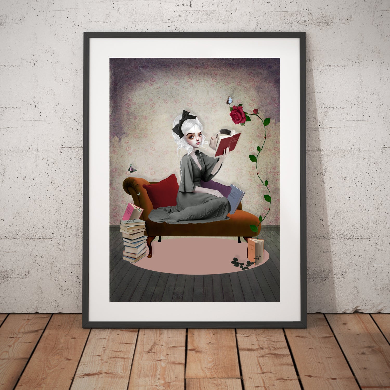 Girl reading books art print. The girl's surroundings come to life as she dives into each book - in frame displayed