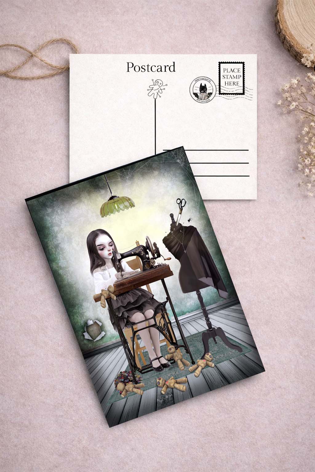 Girl sewing voodoo dolls art postcard from Voodoo doll art postcard set
