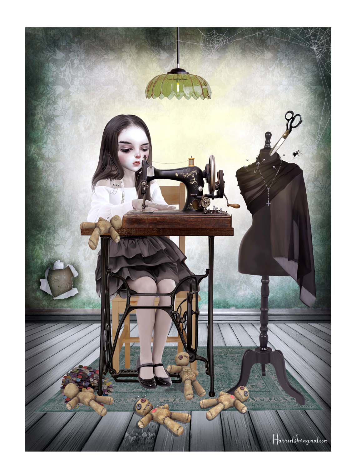 Creepy cute art print. Image is a creepy girl at her sewing machine making voodoo dolls.
