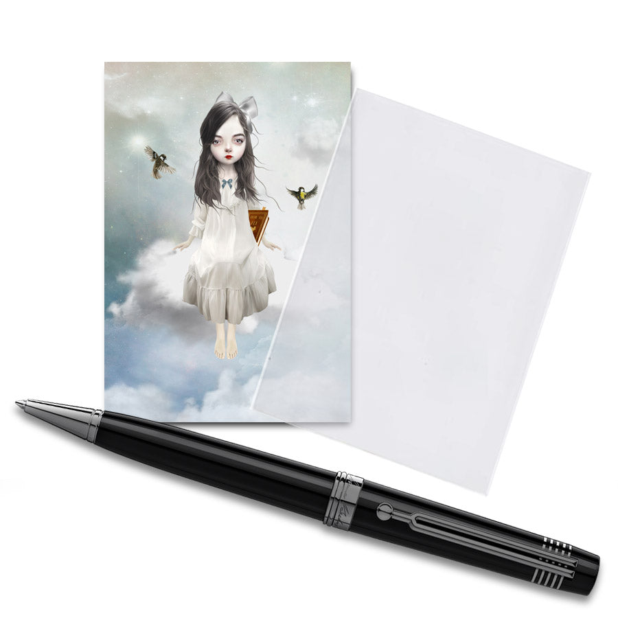 The ACEO card features a girl sitting on a cloud, displayed in a clear protective sleeve with a pen for size comparison. It showcases whimsical, cute artwork.