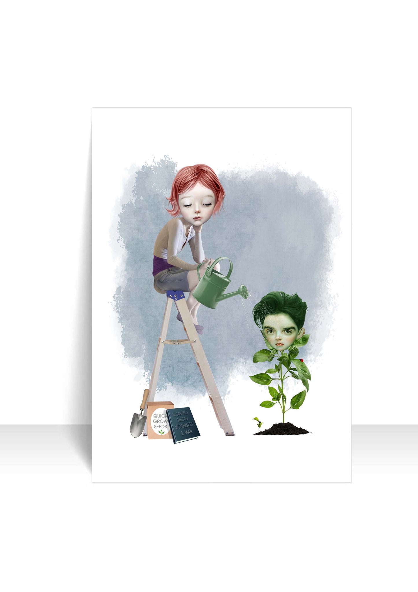 Girl and man plant postcard featuring quirky art design on a white background