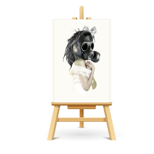 Apocalyptic Collectible Artist Trading Card. With a portrait of a girl wearing a gas mask.