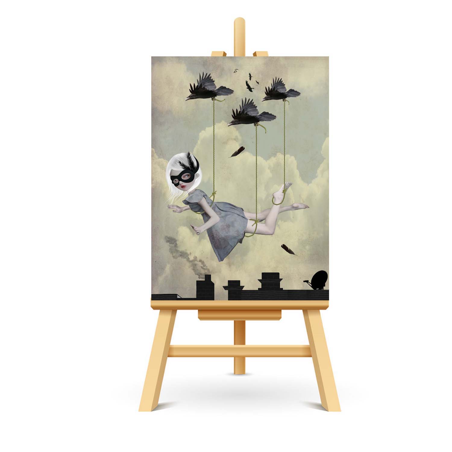 Girl with birds ACEO art displayed on a stand. Surreal miniature art print showcasing whimsical style.