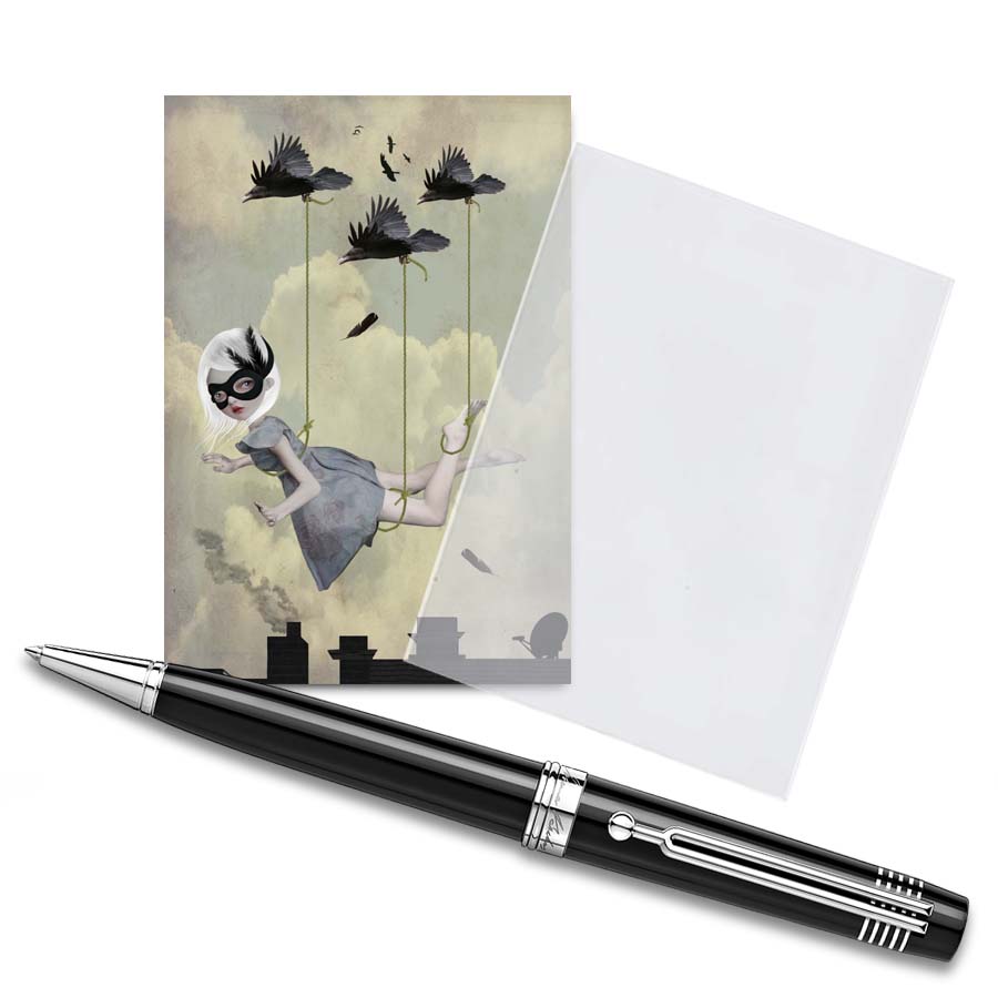 The ACEO card features a girl with birds, displayed in a clear protective sleeve with a pen for size comparison. It showcases pop surrealism, cute artwork.
