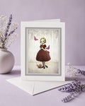 Greeting card with a girl holding a beetle  surrounded by butterflies, Ladybird and snail on a purple background.