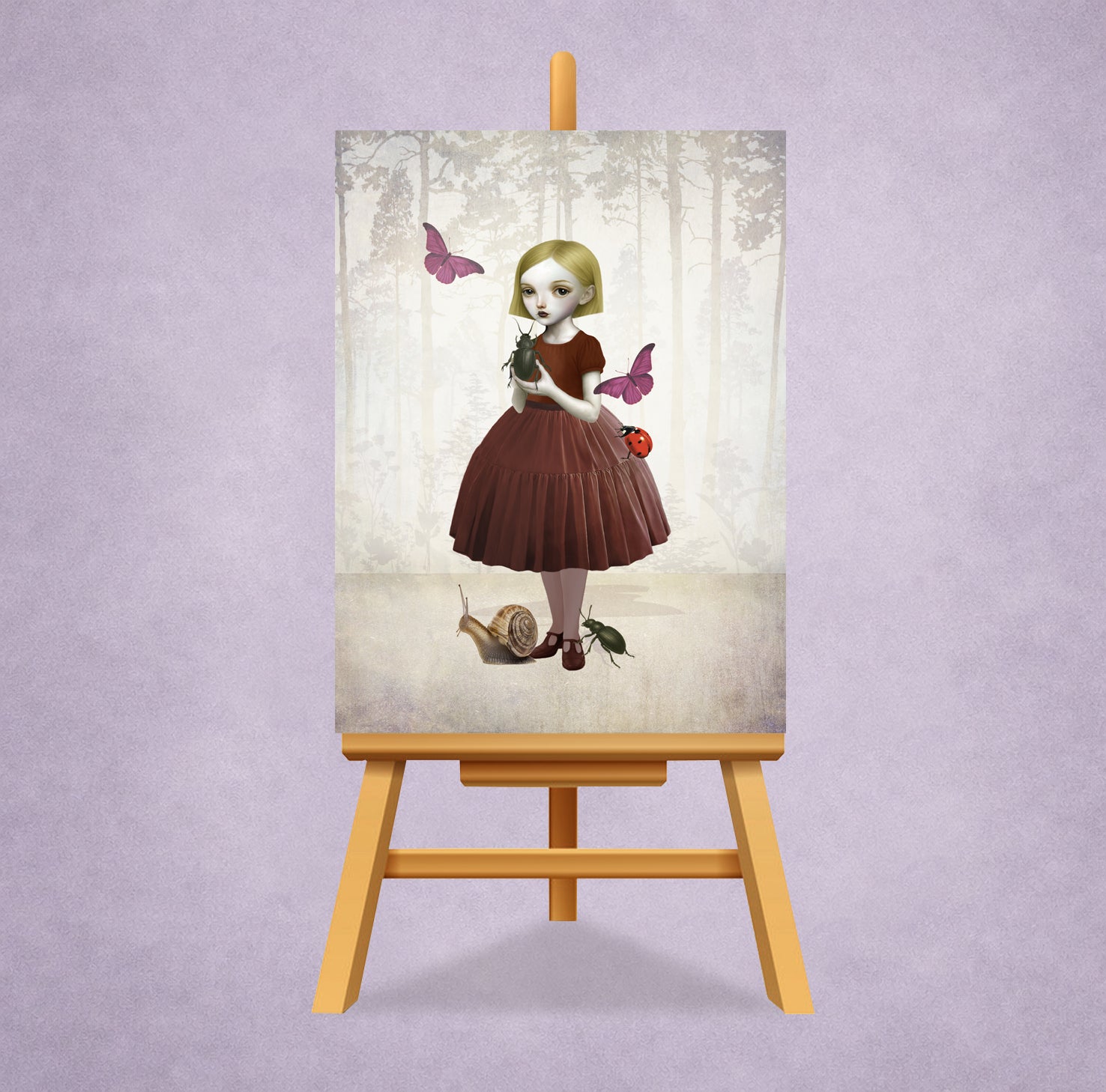 ACEO Card of a girl in a forest with butterflies and beetles on a miniature easel against a light purple wall.