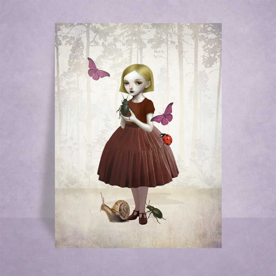 ACEO Illustration of a girl in a forest with butterflies and a ladybug, displayed on a lilac background.