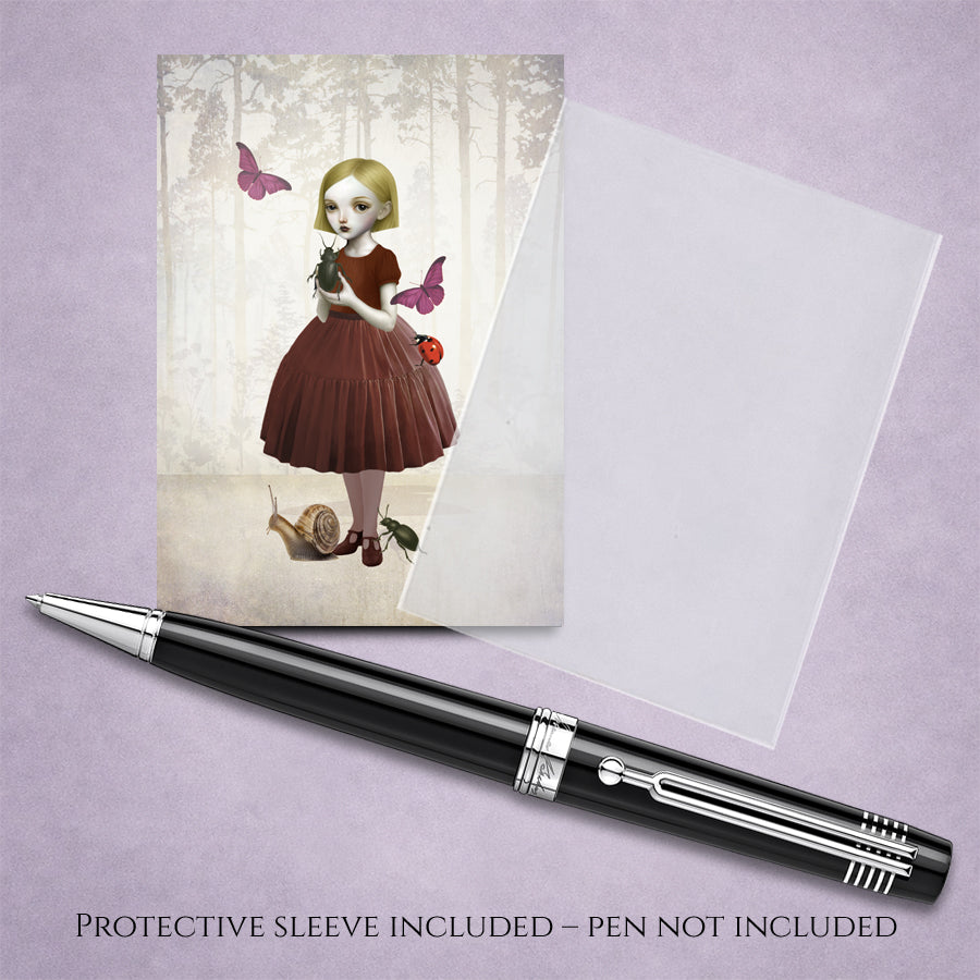 ACEO Card featuring a girl with butterflies, beetles, and a snail. With cello sleeve and pen for display.