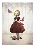 Illustration of a girl in a forest with butterflies and insects