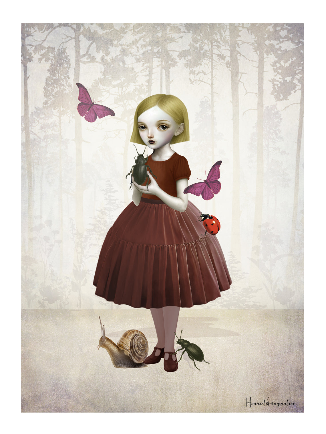 Illustration of a girl in a forest with butterflies and insects