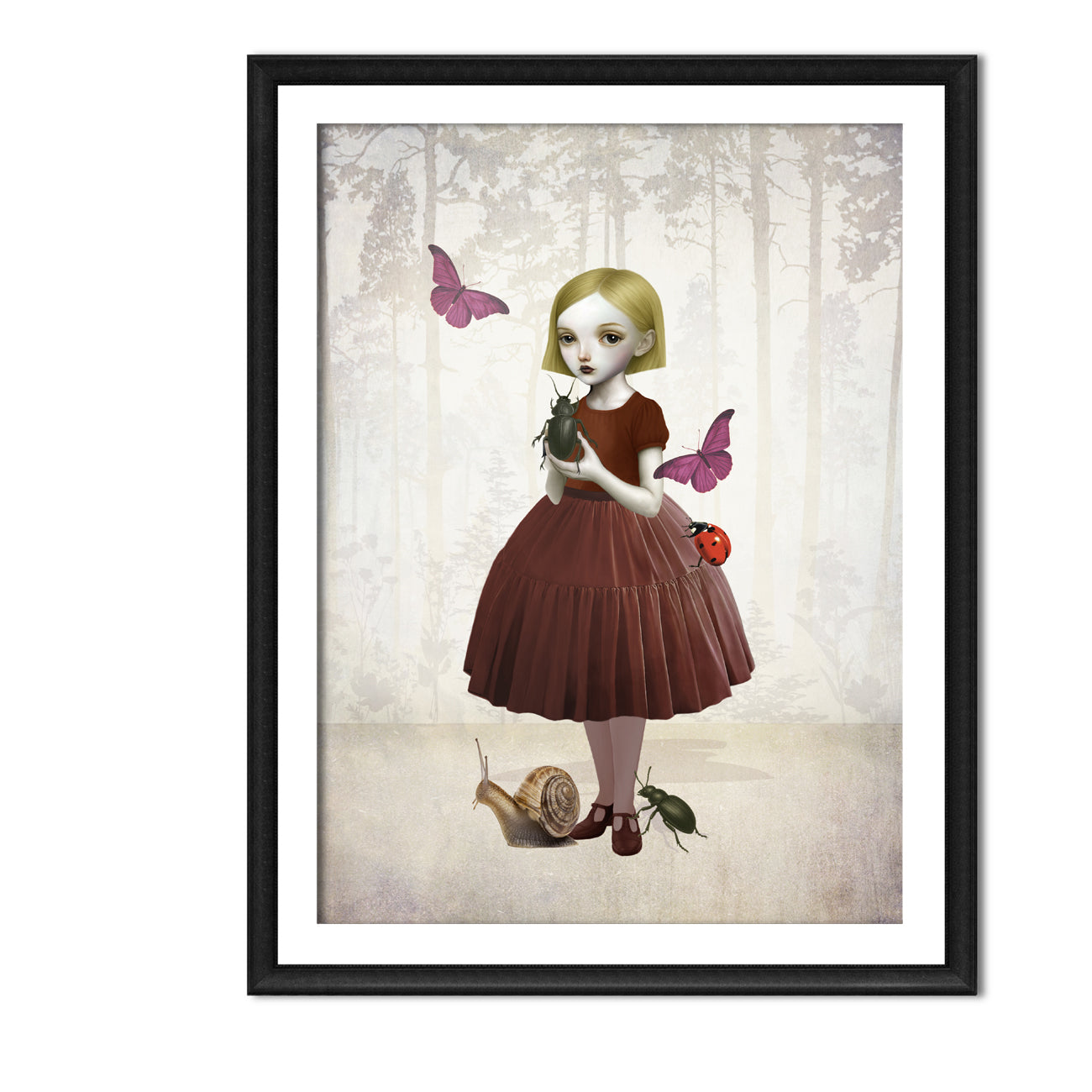 Framed artwork of a girl in a forest setting with butterflies and nature elements.