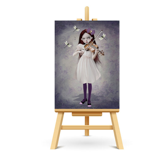 Miniature ACEO art of a girl playing a with dragonflies, blending creepy and cute, displayed on a small stand.iolin