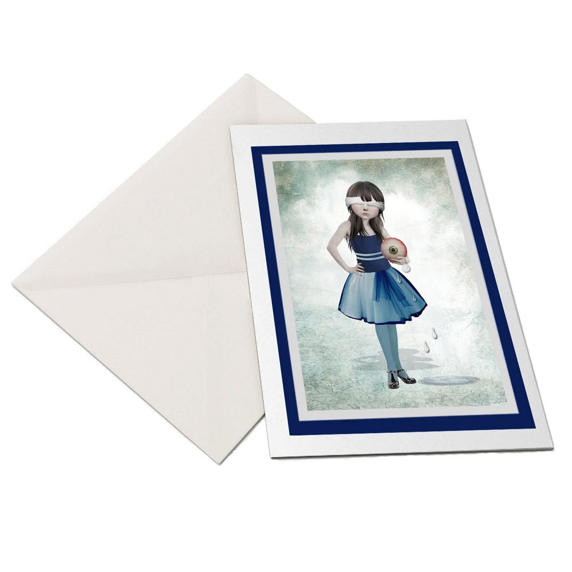 The flat-lay of the Girl with eyeball greeting card and matching envelope is ideal for any occasion.
