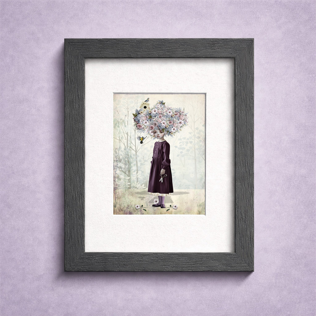 Framed ACEO artwork of a girl with a flower bouquet bouffant—perfect for miniature whimsical decor.