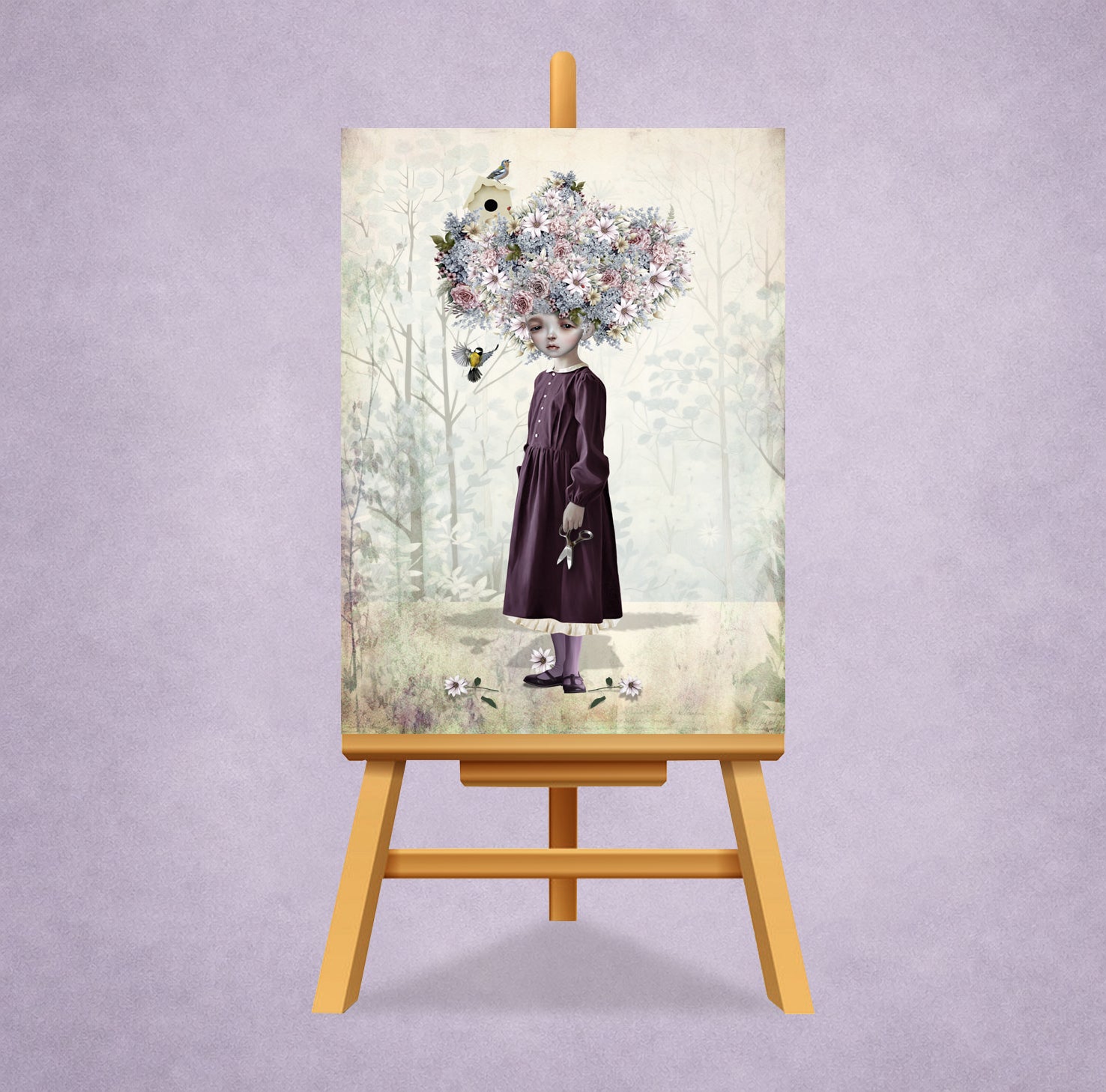 surreal cottagecore ACEO art card on a miniature display stand. Features a girl with a flower bouquet bouffant.
