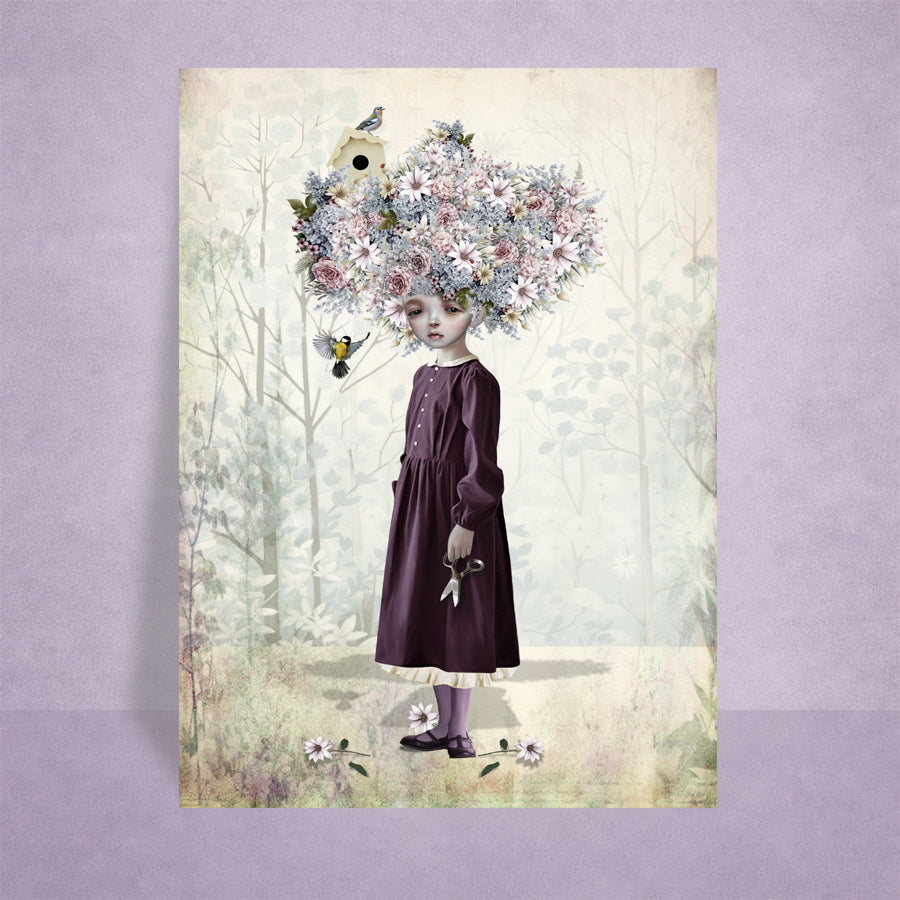 surreal cottagecore ACEO art card on a lilac background. Features a girl with a flower bouquet bouffant