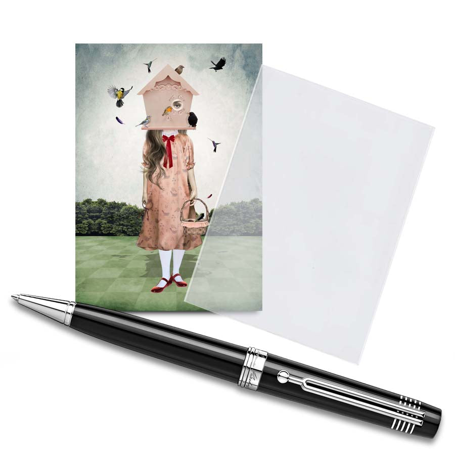 The ACEO card features a girl with garden birds, displayed in a clear protective sleeve with a pen for size comparison. It showcases quirky artwork.