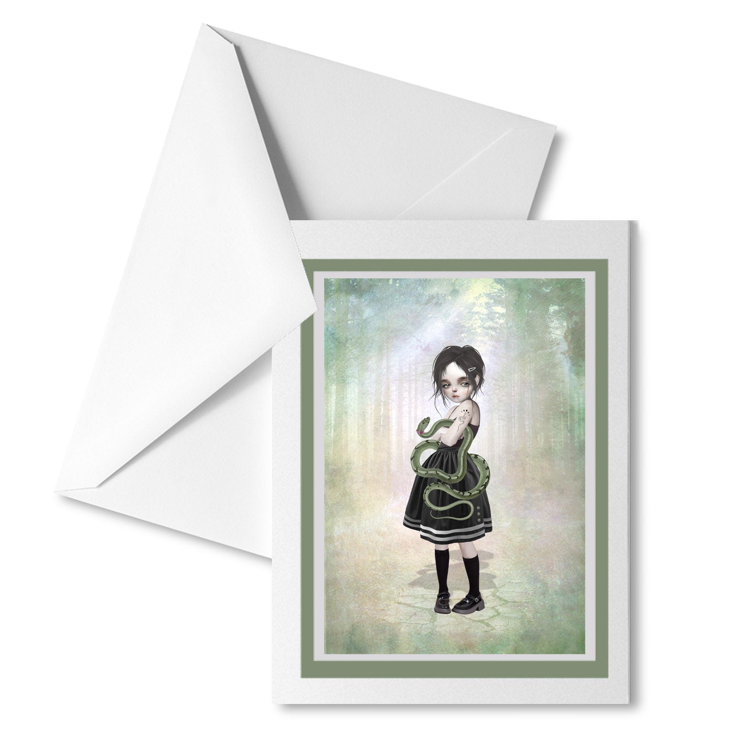 Girl with pet snake greeting card with matching envelope, perfect for sending a whimsical message.