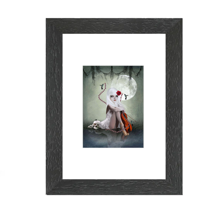ACEO card featuring a girl with violin & skull, framed for display. A unique gothic fantasy art piece, perfect for dark art lovers and collectors.