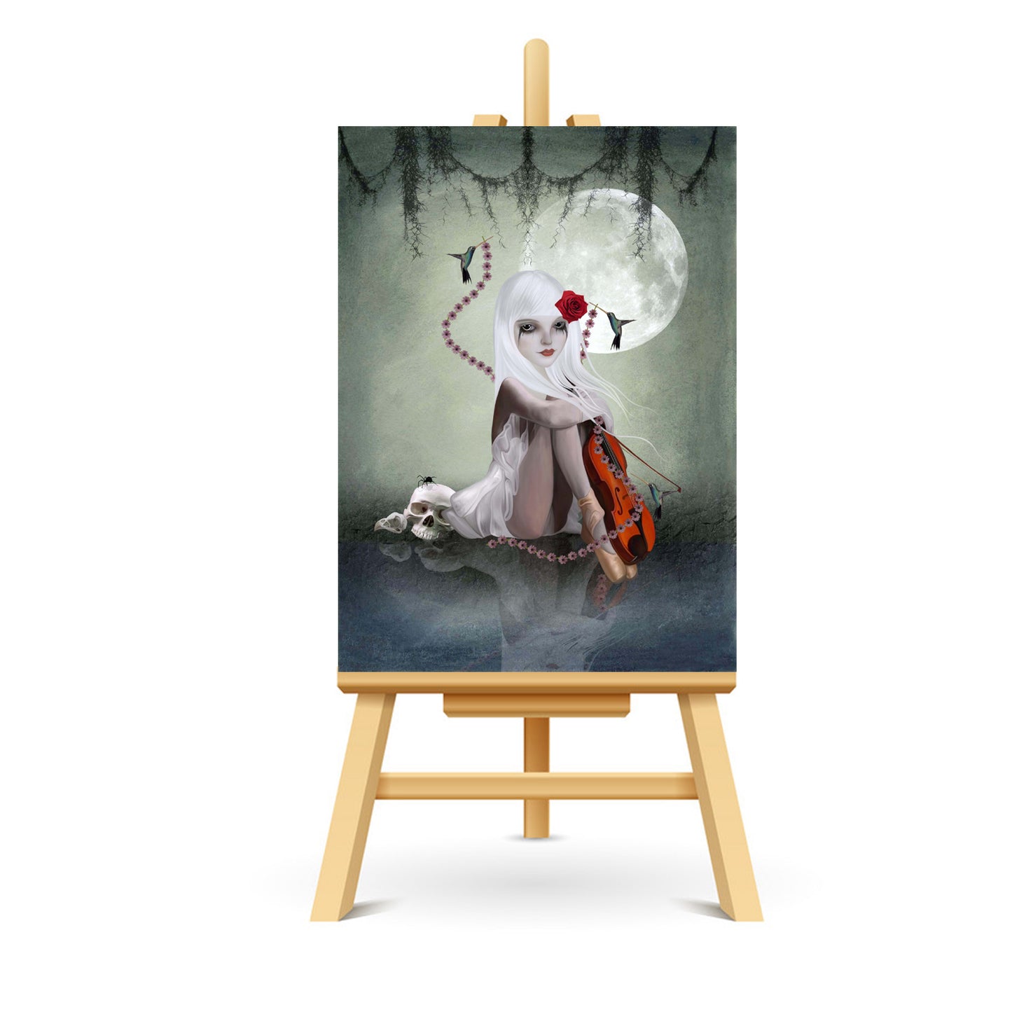 ACEO card featuring a girl with a violin & skull, displayed on a small stand. A collectible gothic fantasy art piece, perfect for dark art enthusiasts.