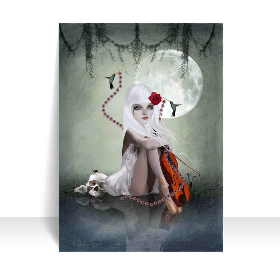 ACEO card featuring a girl with violin & skull, displayed on a clean white background. A striking gothic fantasy art piece for dark art collectors.