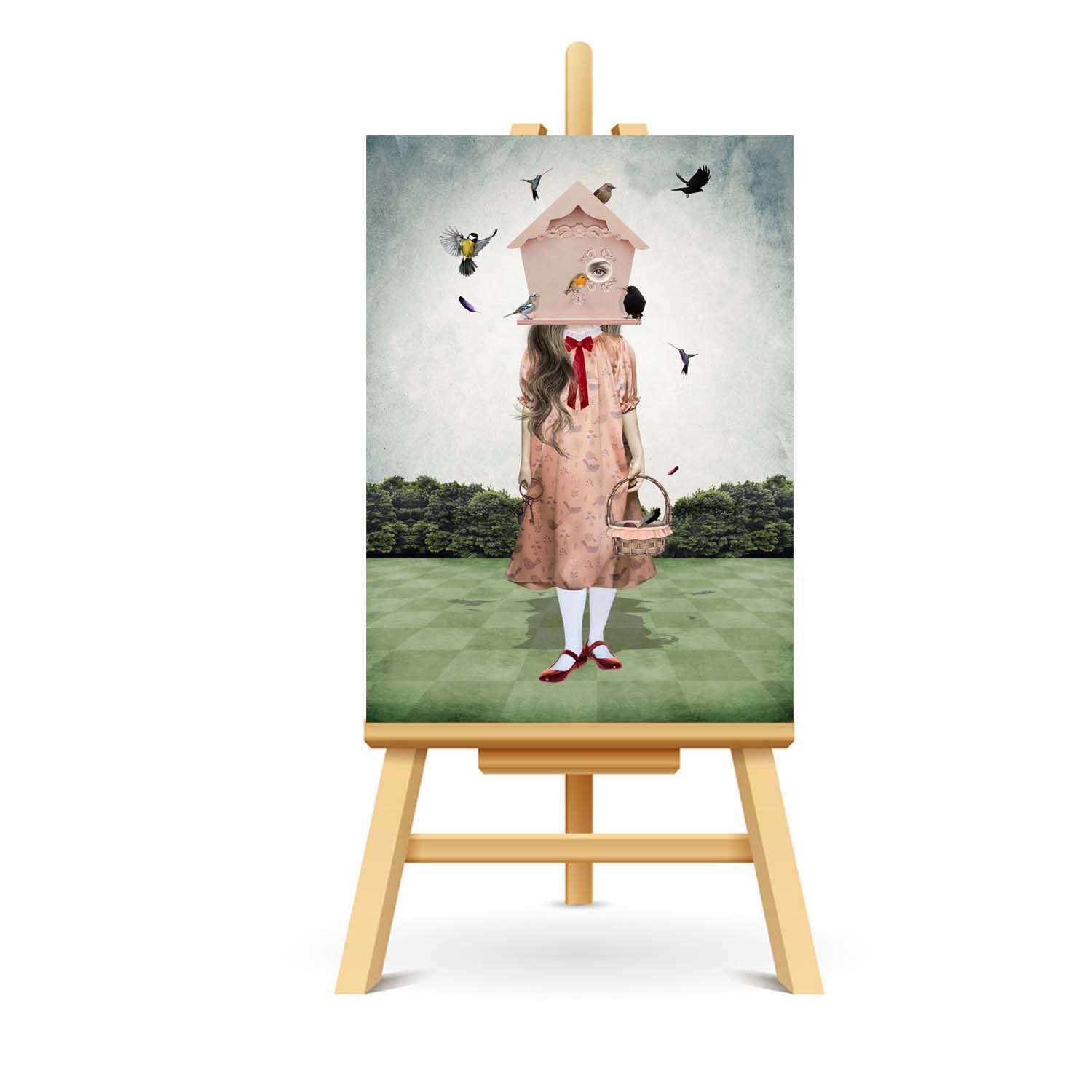 Girl with garden birds ACEO art displayed on a stand. Quirky miniature art print showcasing whimsical style.