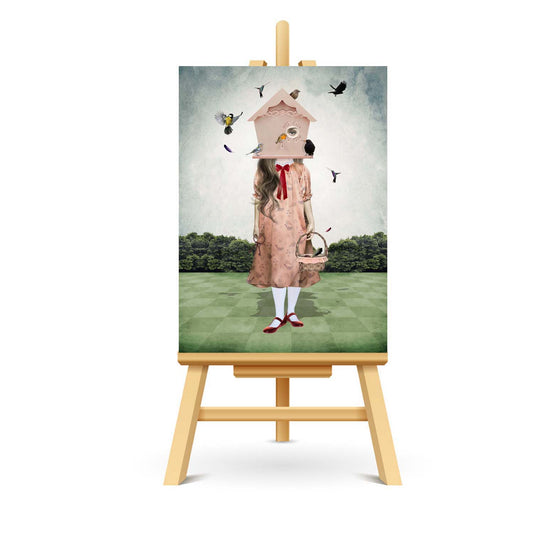 Girl with garden birds ACEO art displayed on a stand. Quirky miniature art print showcasing whimsical style.