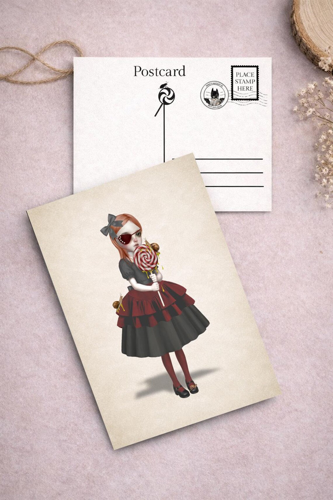Girl with slug lollipop Art Postcard from  Creepy Cute Sweet Treats Postcard Set