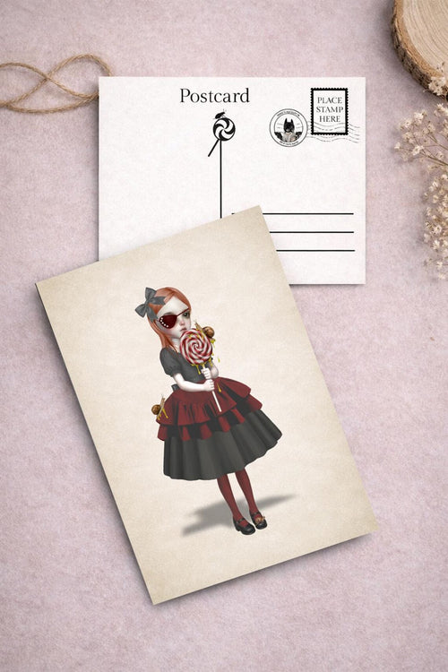 Girl with slug lollipop Art Postcard from  Creepy Cute Sweet Treats Postcard Set