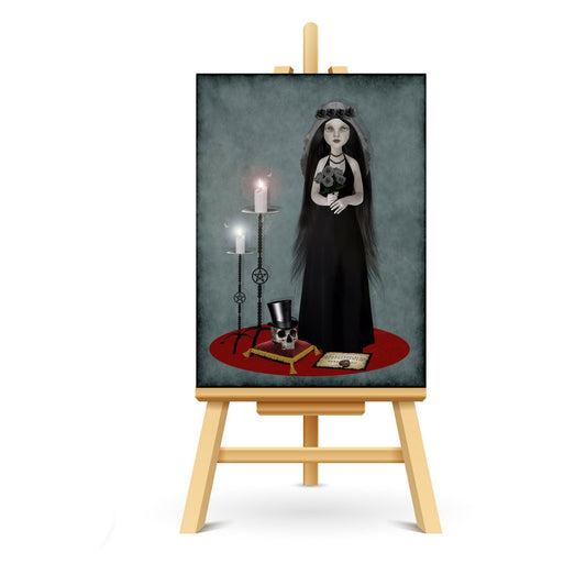 Macabre ACEO art featuring a goth bride and her groom's skull. Watch as she takes her vows through a ouija board, a twisted and chilling union.
