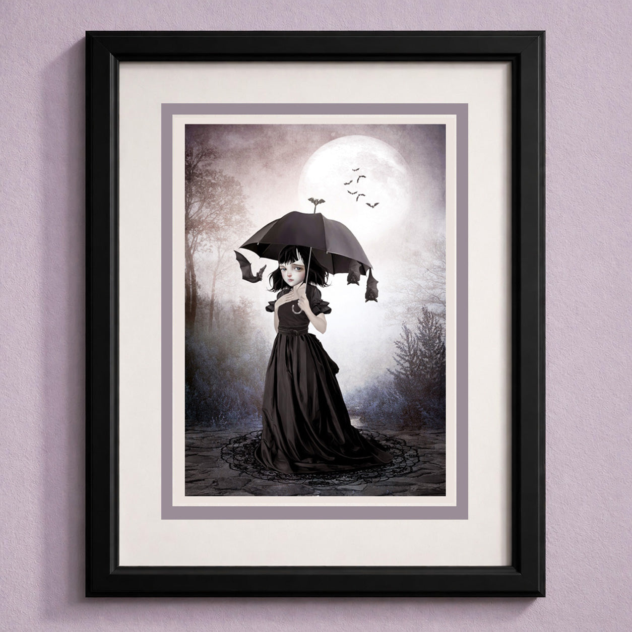Framed gothic greeting card featuring a whimsical dark fantasy illustration of a girl with bats under a full moon.