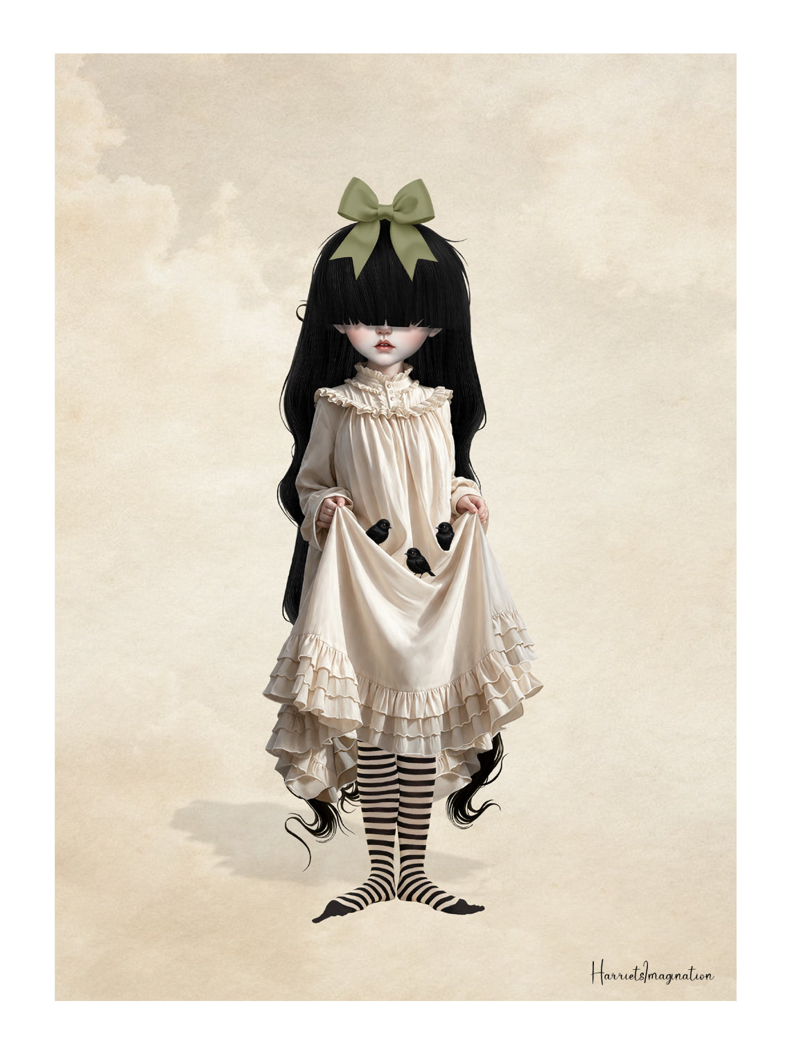 Gothic girl with long black hair, a green hair bow, and a cream ruffled Victorian dress holding three baby blackbirds in her skirt fold.
