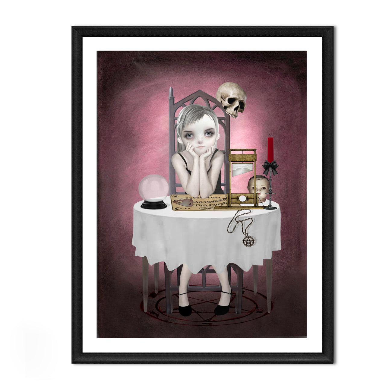 Girl and ouija board art print in a sleek frame, set against a white background.