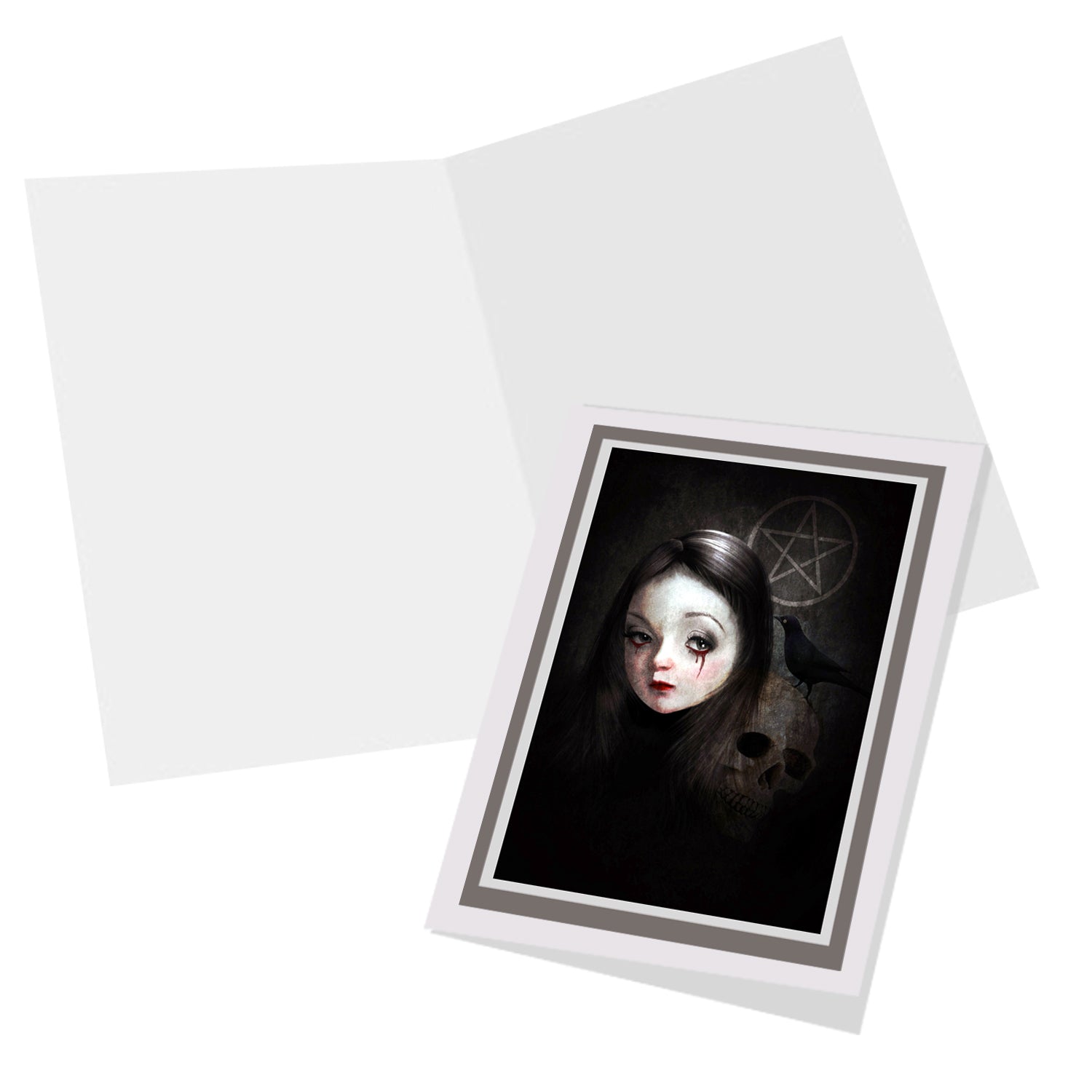 Gothic-inspired greeting card featuring a goth girl with bleeding eyes, a human skull, and a blackbird, inside blank for your own personal message.