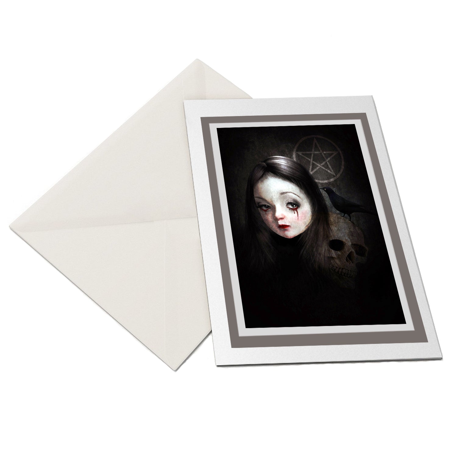 Gothic-inspired greeting card with envelope featuring a goth girl with bleeding eyes, a human skull, and a blackbird, set against a dark background with a faded pentagram in the distance.