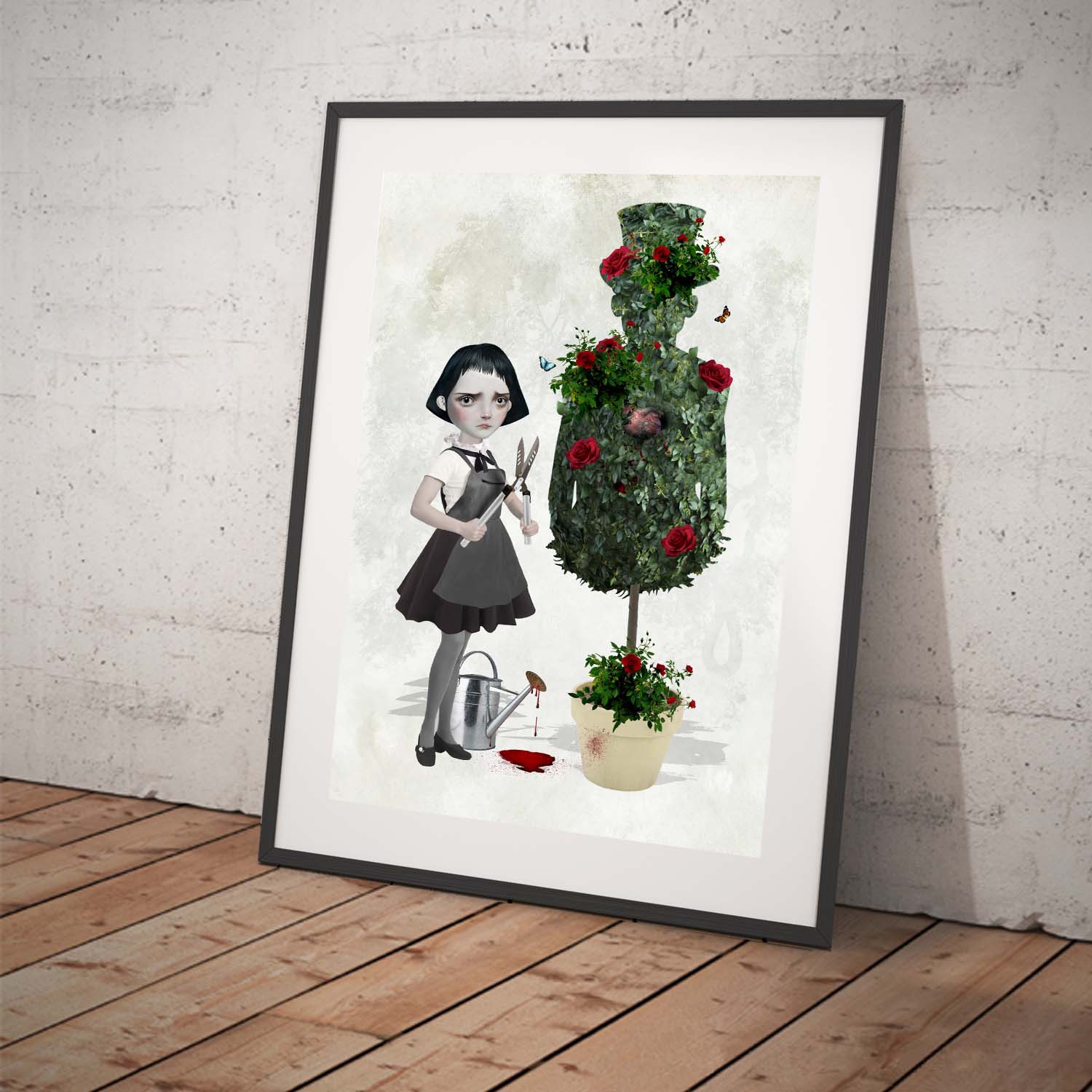 A goth girl and topiary man art print, displayed in a tilted frame for a stylish presentation. Perfect for creepy cute or gothic-themed decor.